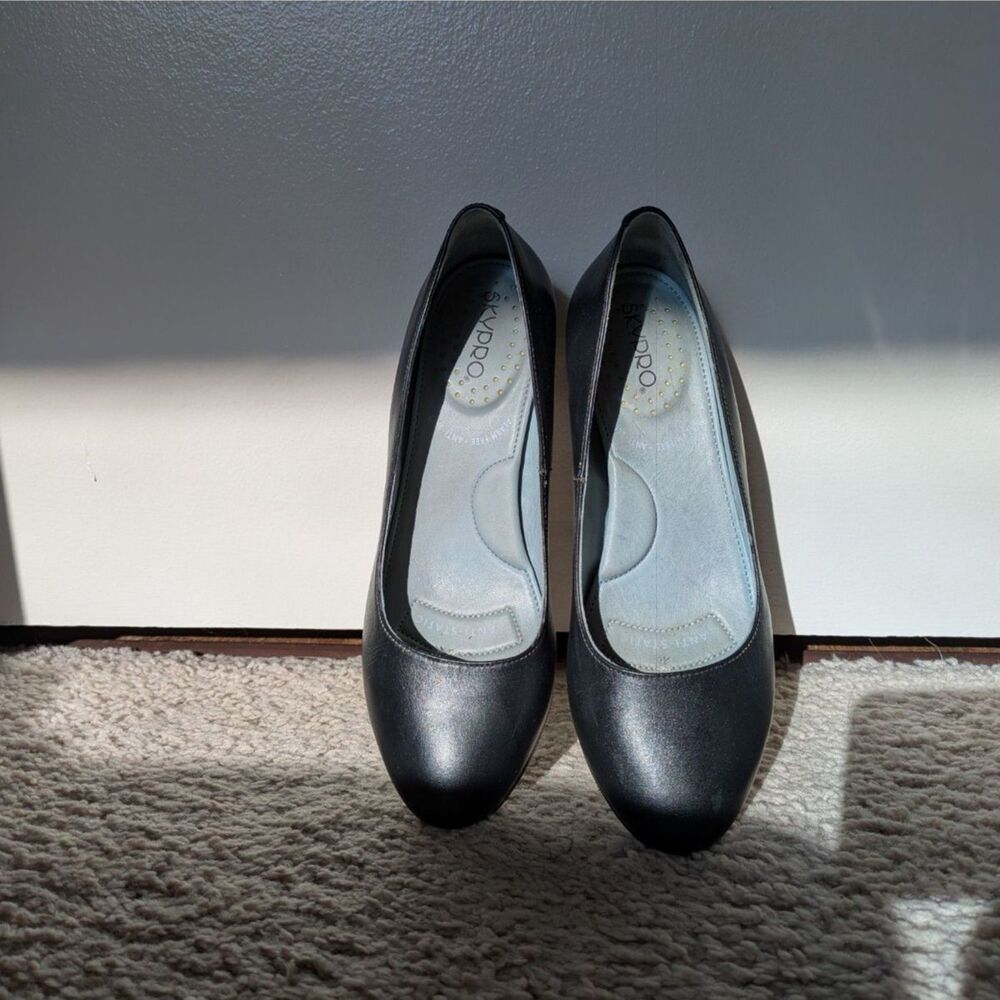 Sz 7.5 Skypro Rose Clement Black Leather Mid Heel Pumps - Picture 5 of 8